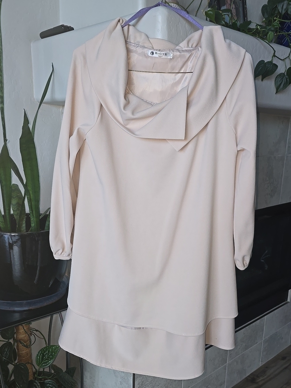 Cream Long-Sleeve Cowl Neck Dress